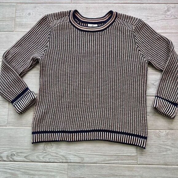 Thomas Trent Knitwear Womens Navy Beige Rib‎ Long Sleeve Pullover Sweater Large - Picture 1 of 9